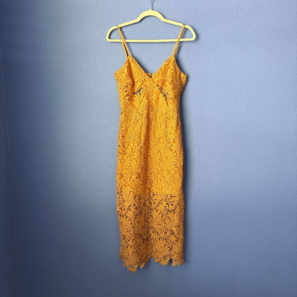 Women's NSR Bodycon Dress Yellow Lace Cut-out Midi Peek-a-boo Medium V-Neck